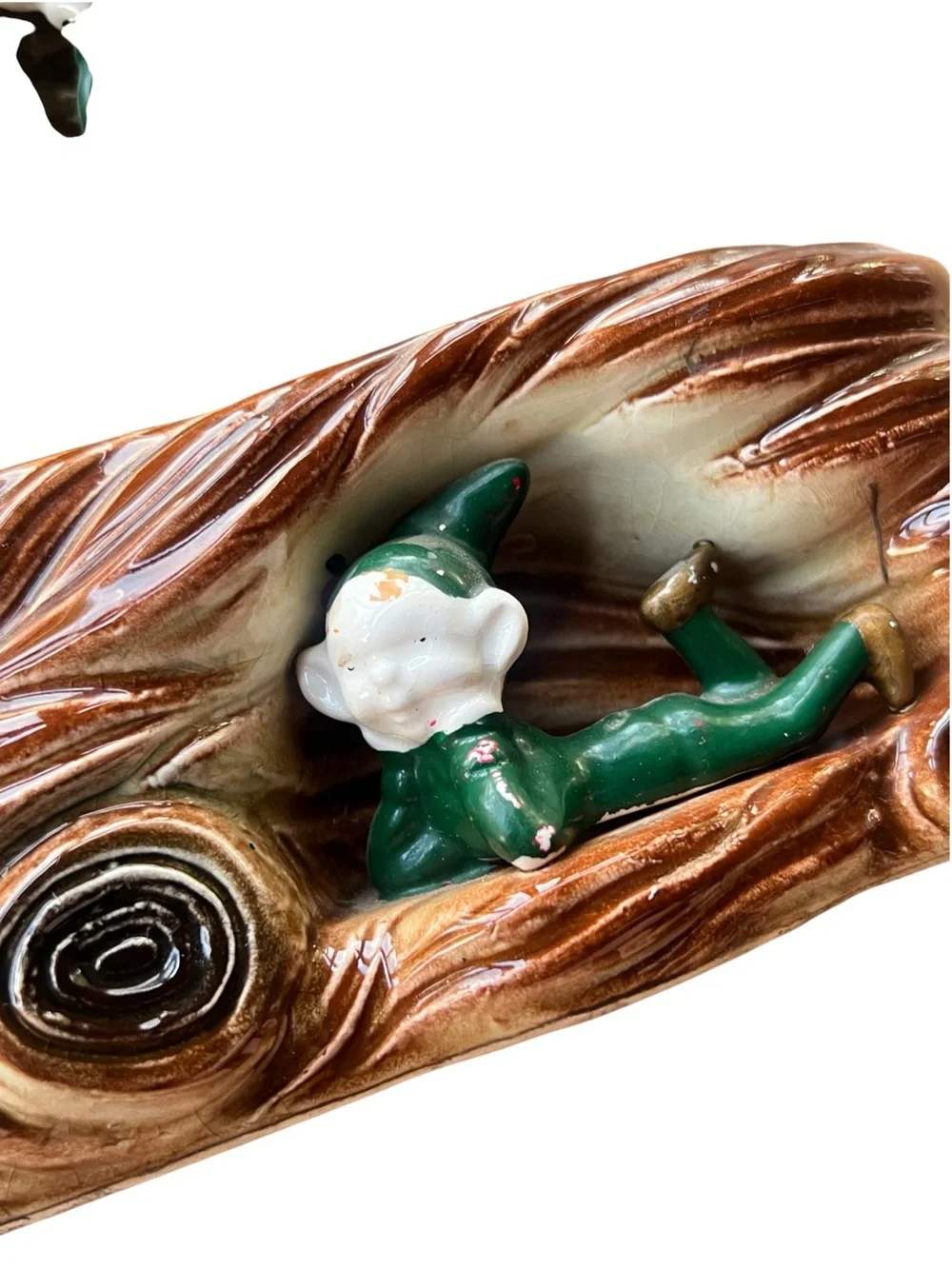 Vintage MCM Ceramic Elf Pixie Log Planters Pair Faux Bois Woodland Kitsch